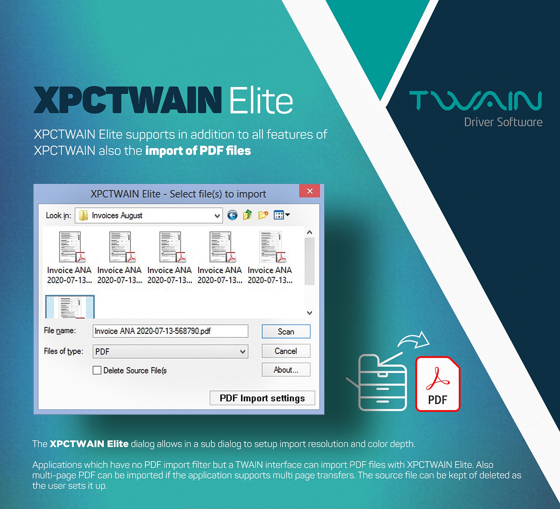 XPCTWAIN Elite ist ein virtueller TWAIN-Treiber, der es Anwendungen, die keinen PDF-Importfilter haben, erm�glicht, PDF f�r mehrseitige TIFF-Dateien als Bilder �ber die TWAIN-Standardschnittstelle zu lesen. 
								XPCTWAIN Elite est un pilote TWAIN virtuel qui permet aux applications qui n'ont pas de filtre d'importation PDF de lire les fichiers TIFF multipages comme des images via l'interface standard TWAIN.
								XPCTWAIN Elite es un controlador TWAIN virtual que permite a las aplicaciones que no tienen filtro de importaci�n de PDF leer archivos TIFF multip�gina como im�genes a trav�s de la interfaz est�ndar TWAIN.